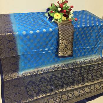 Light blue woven tussar silk saree with blouse 4