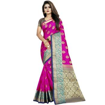 Pink woven tussar silk saree with blouse 1