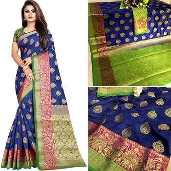 Blue woven tussar silk saree with blouse 4