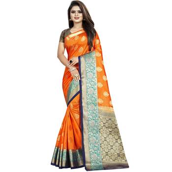 Orange woven tussar silk saree with blouse 1