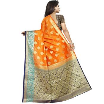 Orange woven tussar silk saree with blouse 2