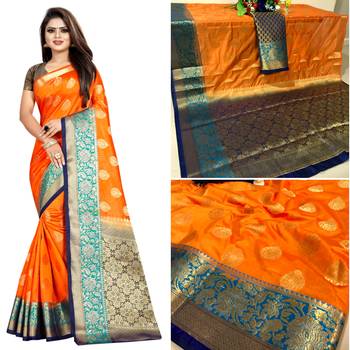 Orange woven tussar silk saree with blouse 4