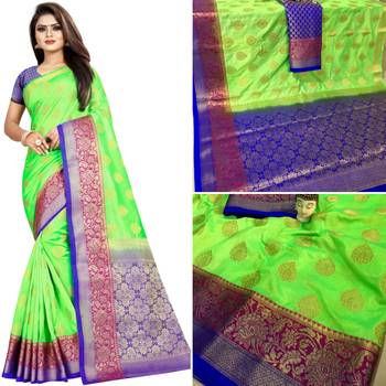 Light green woven tussar silk saree with blouse 4