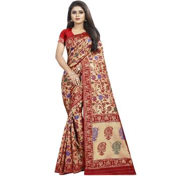 Beige woven art silk saree with blouse 1