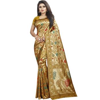 Beige woven art silk saree with blouse 1