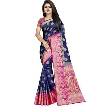 Blue woven art silk saree with blouse 1