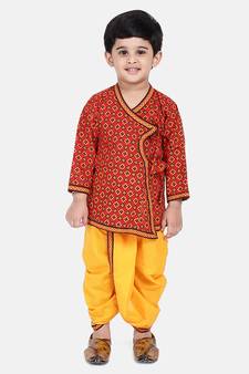 Red Jaipuri Print Cotton Kedia Dhoti Set For Boys