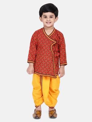 Red Jaipuri Print Cotton Kedia Dhoti Set For Boys 1