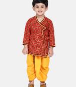 Red Jaipuri Print Cotton Kedia Dhoti Set For Boys
