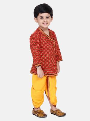 Red Jaipuri Print Cotton Kedia Dhoti Set For Boys 2