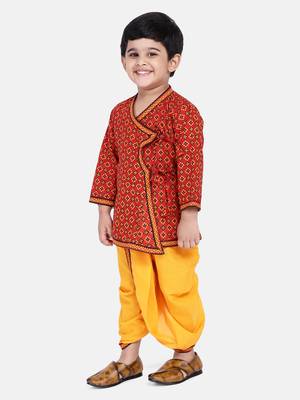 Red Jaipuri Print Cotton Kedia Dhoti Set For Boys 3