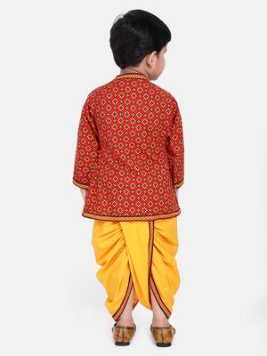 Red Jaipuri Print Cotton Kedia Dhoti Set For Boys 4