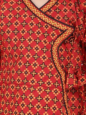 Red Jaipuri Print Cotton Kedia Dhoti Set For Boys 5