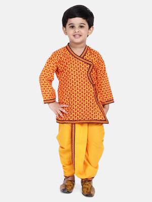 Yellow Jaipuri Print Cotton Kedia Dhoti Set For Boys 1