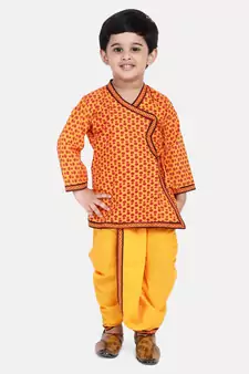Yellow Jaipuri Print Cotton Kedia Dhoti Set For Boys