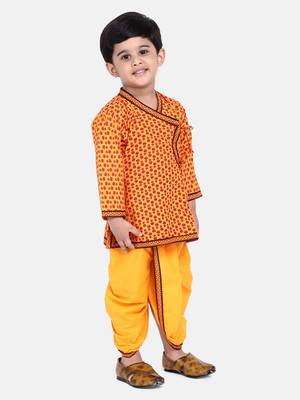 Yellow Jaipuri Print Cotton Kedia Dhoti Set For Boys 2