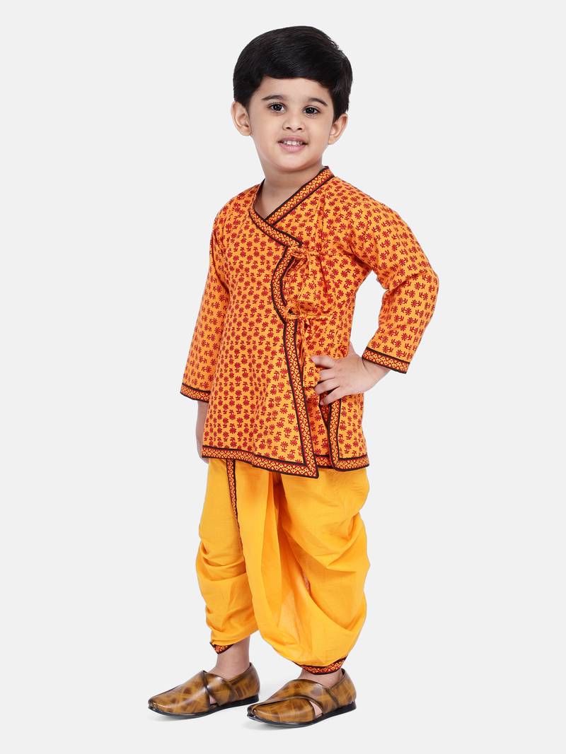 Yellow Jaipuri Print Cotton Kedia Dhoti Set For Boys