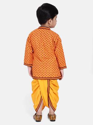 Yellow Jaipuri Print Cotton Kedia Dhoti Set For Boys 4