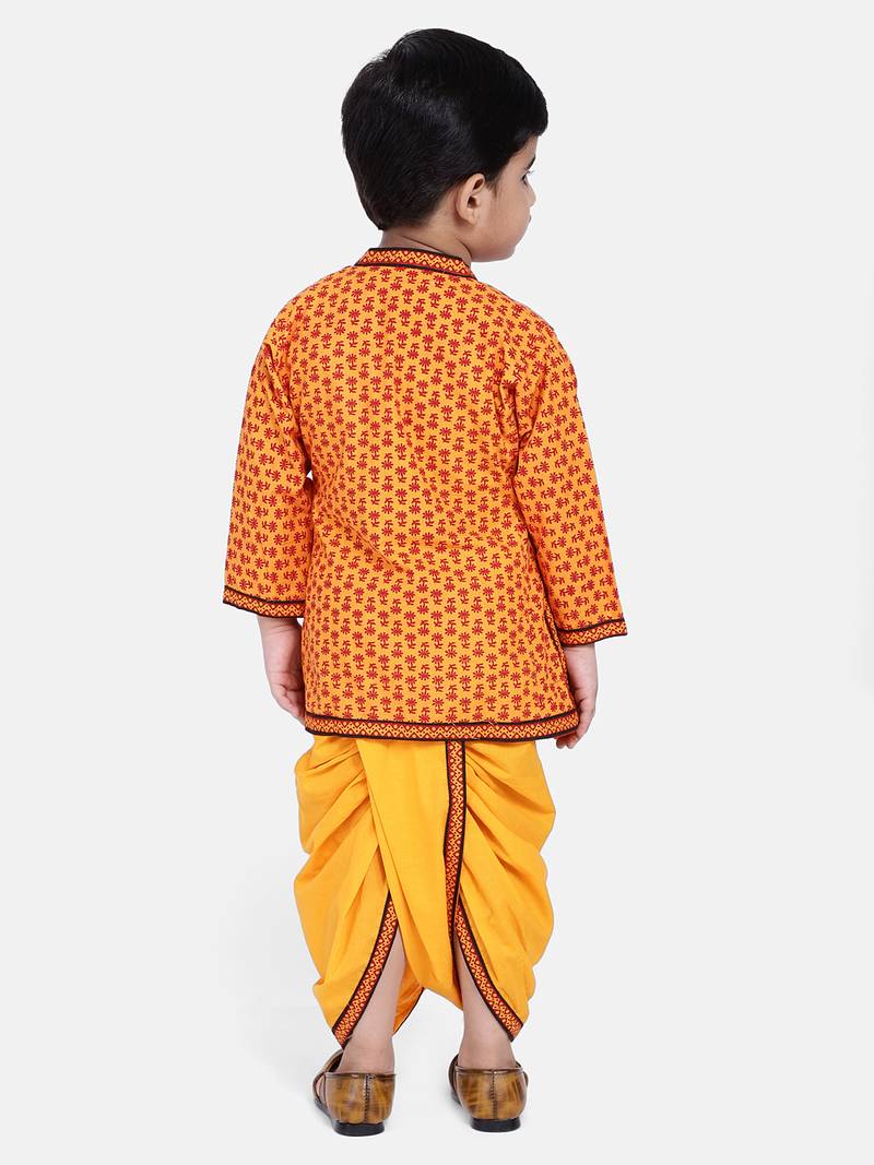 Yellow Jaipuri Print Cotton Kedia Dhoti Set For Boys
