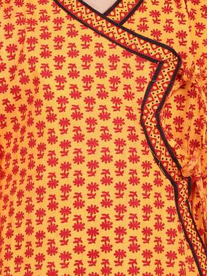 Yellow Jaipuri Print Cotton Kedia Dhoti Set For Boys 5