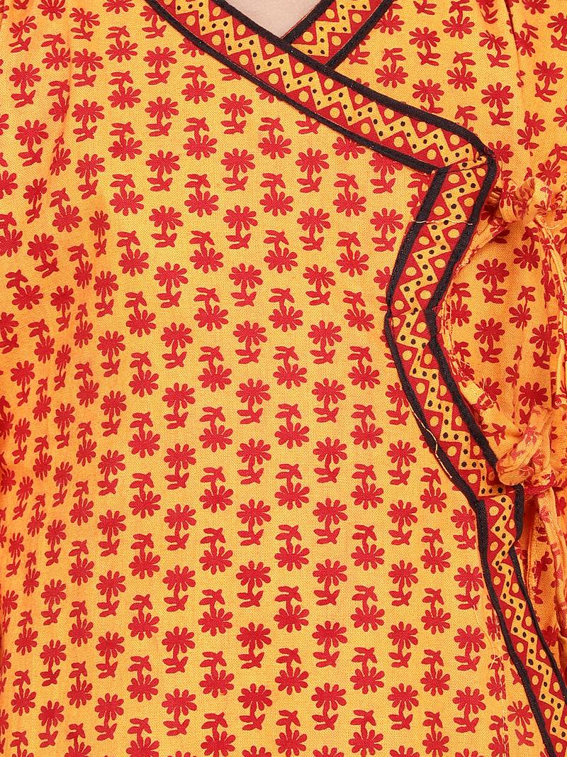 Yellow Jaipuri Print Cotton Kedia Dhoti Set For Boys