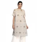 Women's Cream Chanderi Boat Neck A-line Kurti