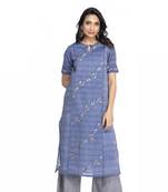 Women's Blue Chanderi Checks Printed Knee Length Kurti