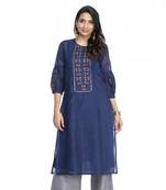 Women's Blue Chanderi Checks Printed Round Neck Straight Kurti