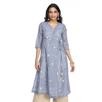 Women's Blue Chanderi Knee Length A-line Kurti 1