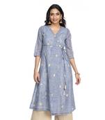 Women's Blue Chanderi Knee Length A-line Kurti
