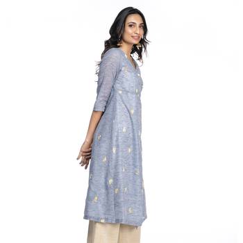Women's Blue Chanderi Knee Length A-line Kurti 3
