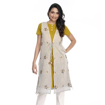 Women's Yellow Chanderi Half Sleeved A-line Kurti 1