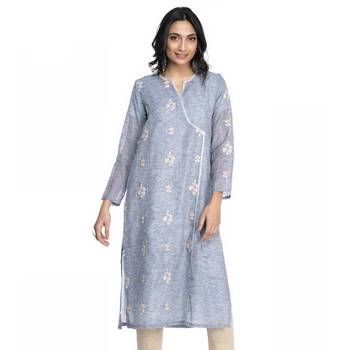 Women's Sky Blue Chanderi 3/4th Sleeved Straight Kurti 1