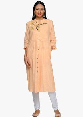 Women's Yellow striped kurta with embroidery 1