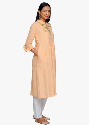 Women's Yellow striped kurta with embroidery 3