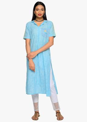 Women's Blue striped kurta with patch pocket 1