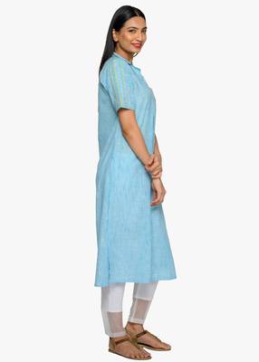 Women's Blue striped kurta with patch pocket 3