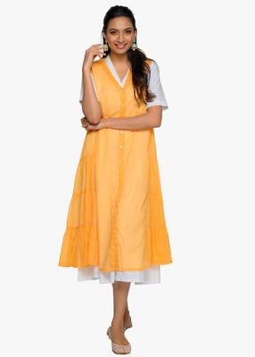 Women's Half sleeved v-neck flared cotton kurta with yellow sleeveless slip dress 1