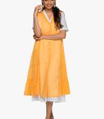 Women's Half sleeved v-neck flared cotton kurta with yellow sleeveless slip dress