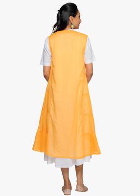 Women's Half sleeved v-neck flared cotton kurta with yellow sleeveless slip dress 2