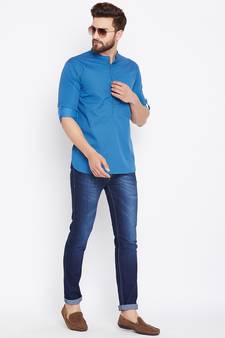 blue woven cotton men kurtas