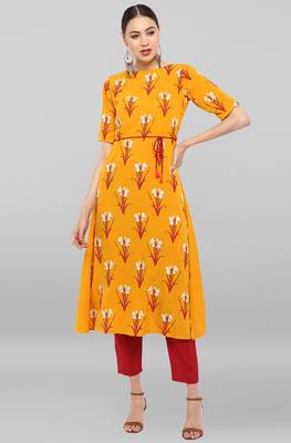 Janasya Mustard printed crepe ethnic-kurtis 1