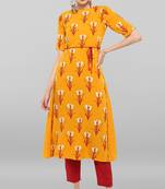 Janasya Mustard printed crepe ethnic-kurtis
