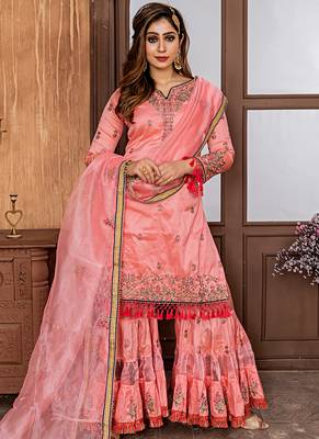 peach embroidered satin semi stitched salwar with dupatta 1