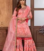 peach embroidered satin semi stitched salwar with dupatta