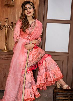 peach embroidered satin semi stitched salwar with dupatta 2