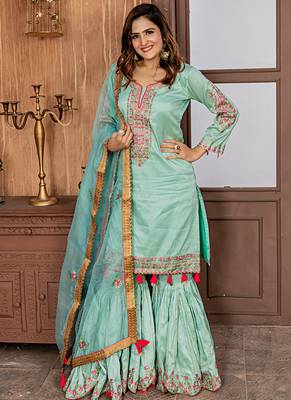 turquoise embroidered satin semi stitched salwar with dupatta 1