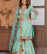 turquoise embroidered satin semi stitched salwar with dupatta