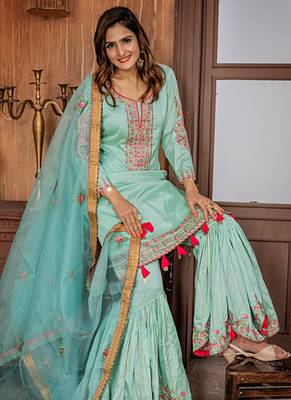 turquoise embroidered satin semi stitched salwar with dupatta 2
