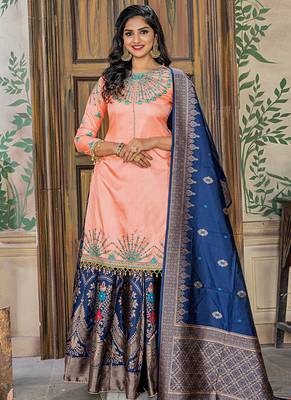 peach embroidered satin semi stitched salwar with dupatta 1